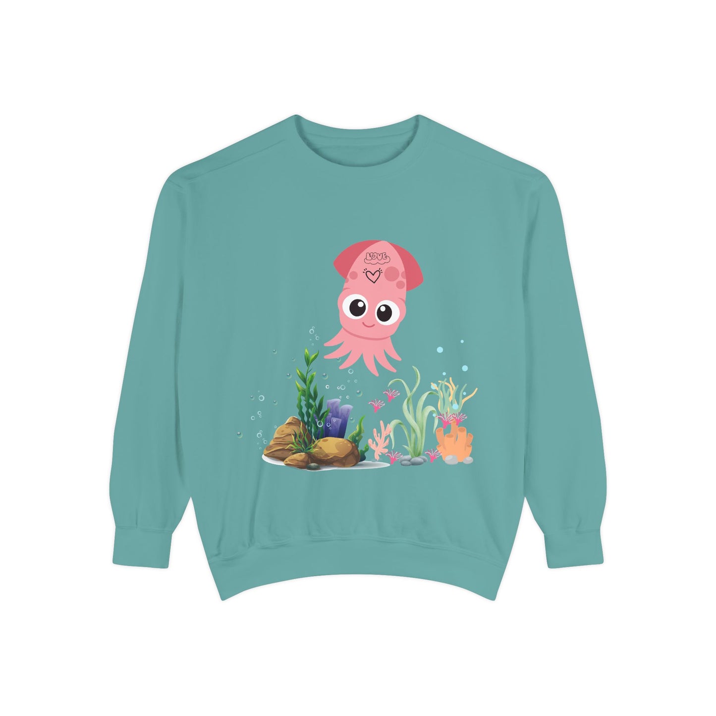 Pink squid cartoon with love Unisex Garment-Dyed Sweatshirt