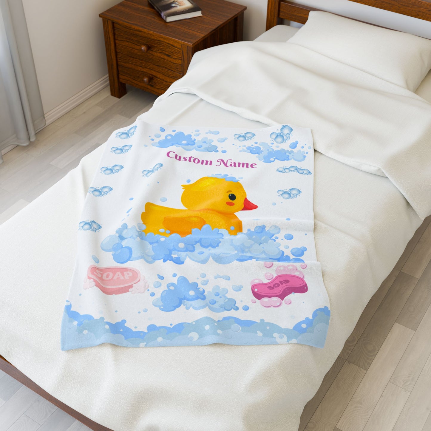 Custom Duck Bath Time Velveteen Plush Blanket, Baby Shower Gift, Nursery Decor, Personalized Blanket, Soft Throw Blanket