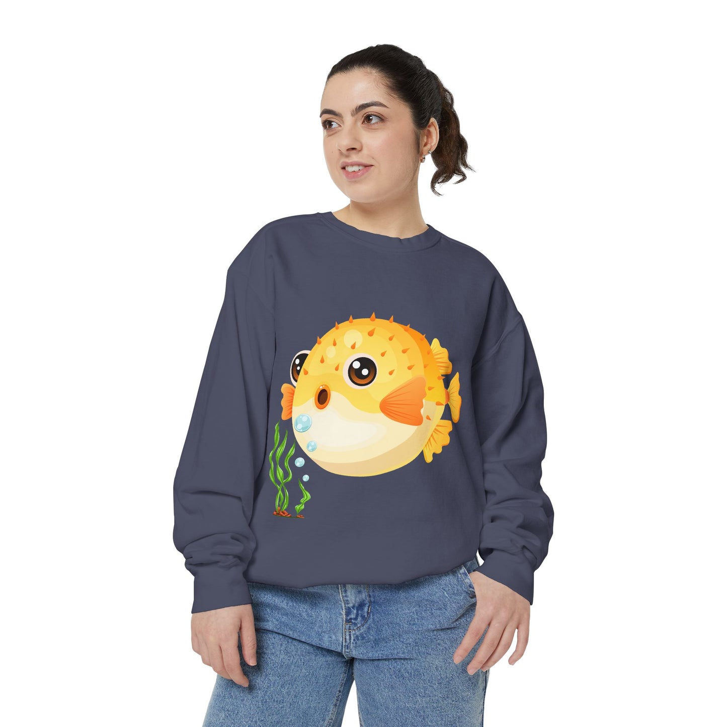 Cartoon Pufferfish with seaweed Unisex Garment-Dyed Sweatshirt