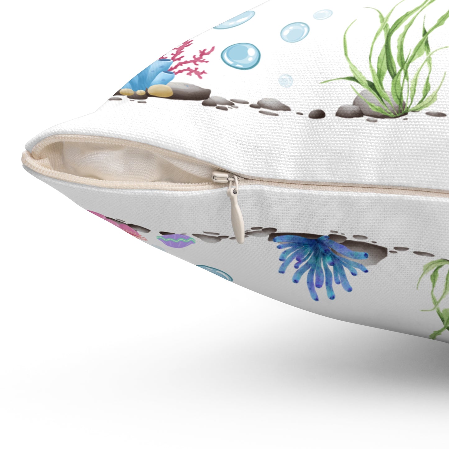 Manta ray with bubbles and coral reef Spun Polyester Square Pillow
