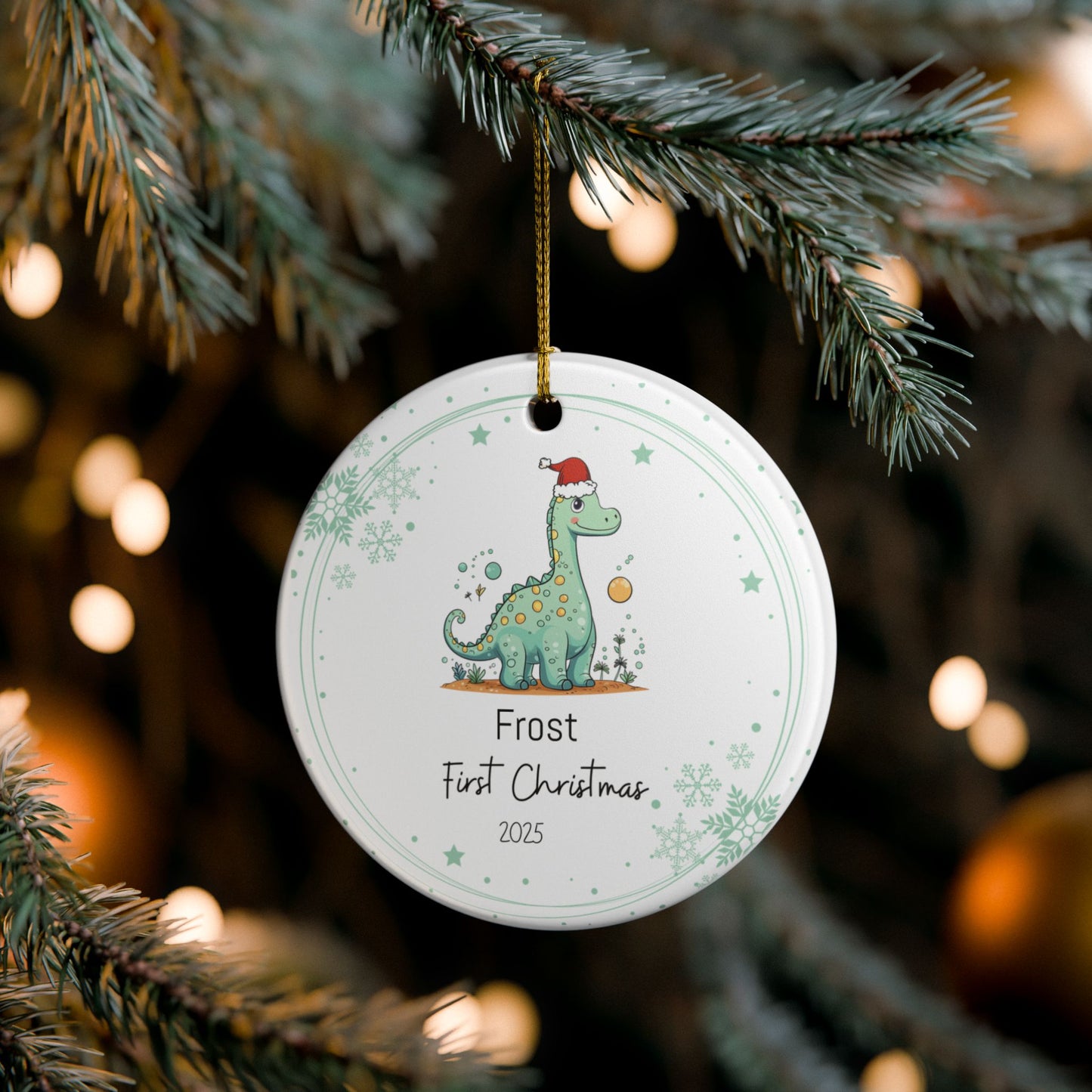 Dinosaur Christmas Ornament, First Christmas Ornament, Ceramic Holiday Decor, Baby's First Christmas 2025, Festive Tree Decoration