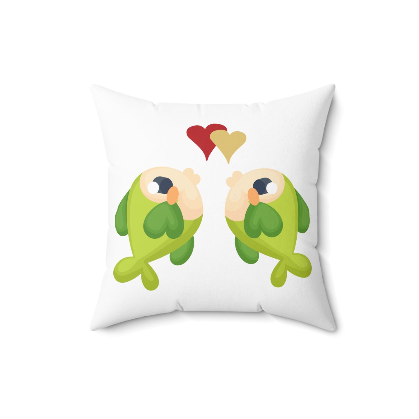 Two hearts float between the fish one red and one yellow Spun Polyester Square Pillow
