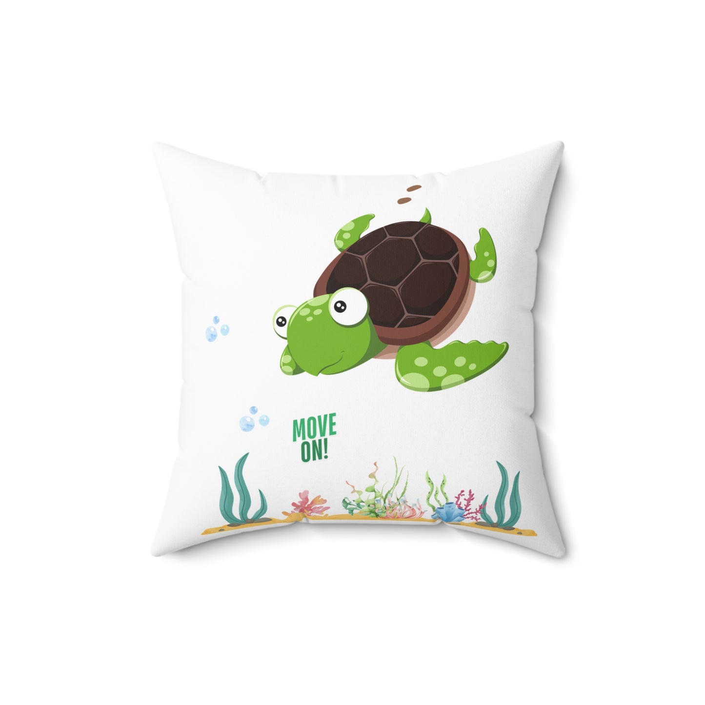 Turtle with seaweed and bubble Spun Polyester Square Pillow