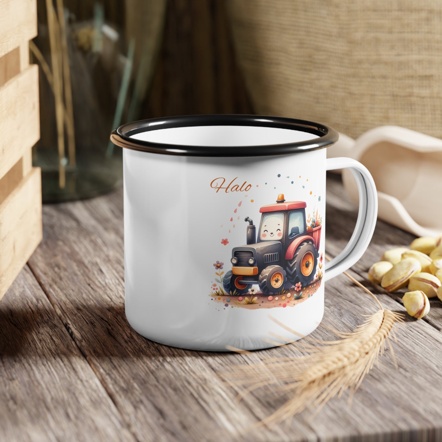 Cute Farm Tractor Enamel Camp Cup — Rustic Camping Mug with Smiling Tractor Design