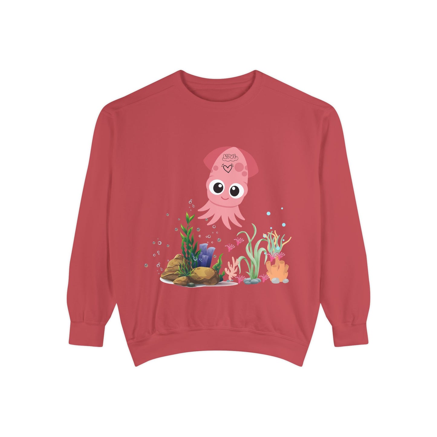 Pink squid cartoon with love Unisex Garment-Dyed Sweatshirt
