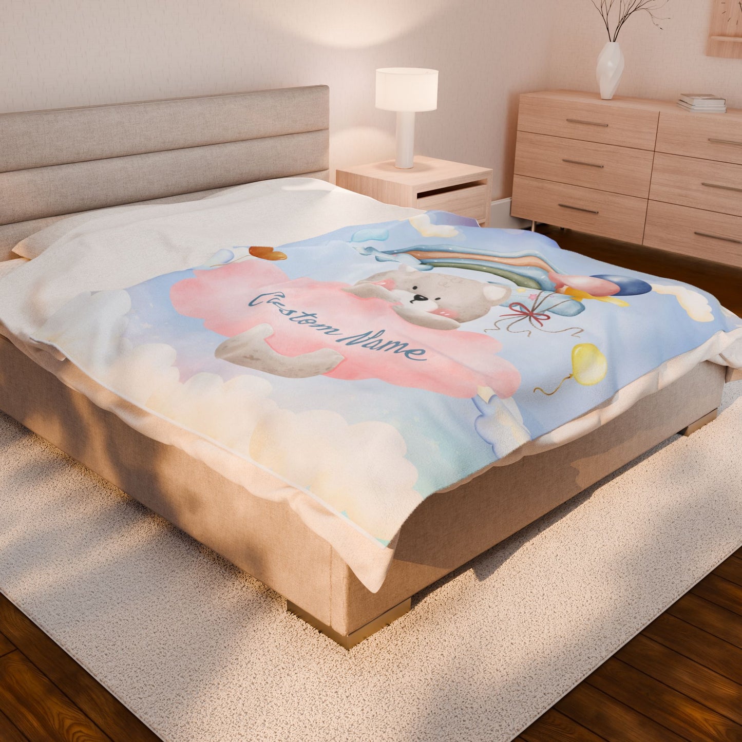 Custom Plush Blanket with Rainbow Bear Design, Soft Throw Blanket, Cozy Baby Blanket, Personalized Gift, Cute Nursery Decor