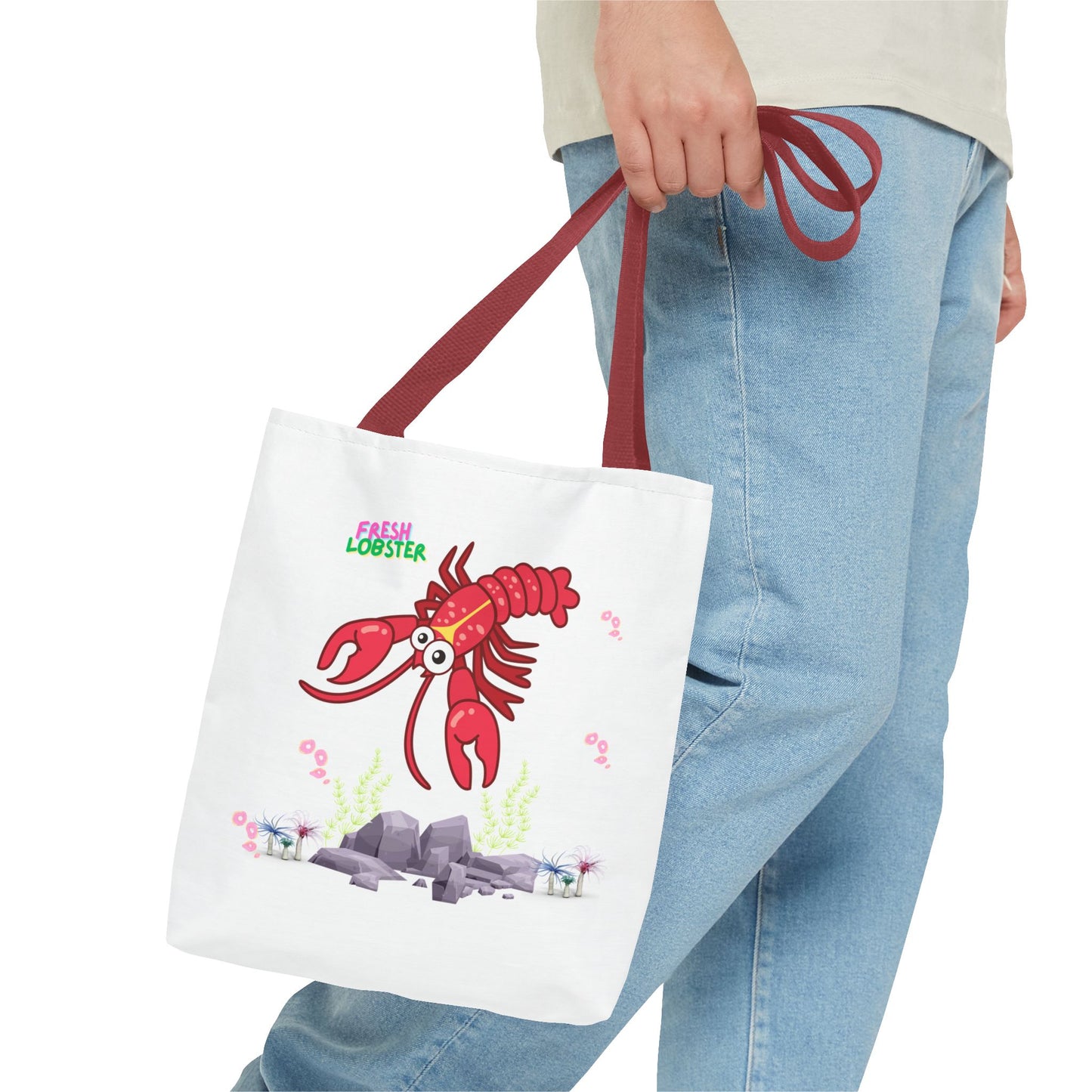 Friendly red lobster big eyes and yellow strip Tote Bag