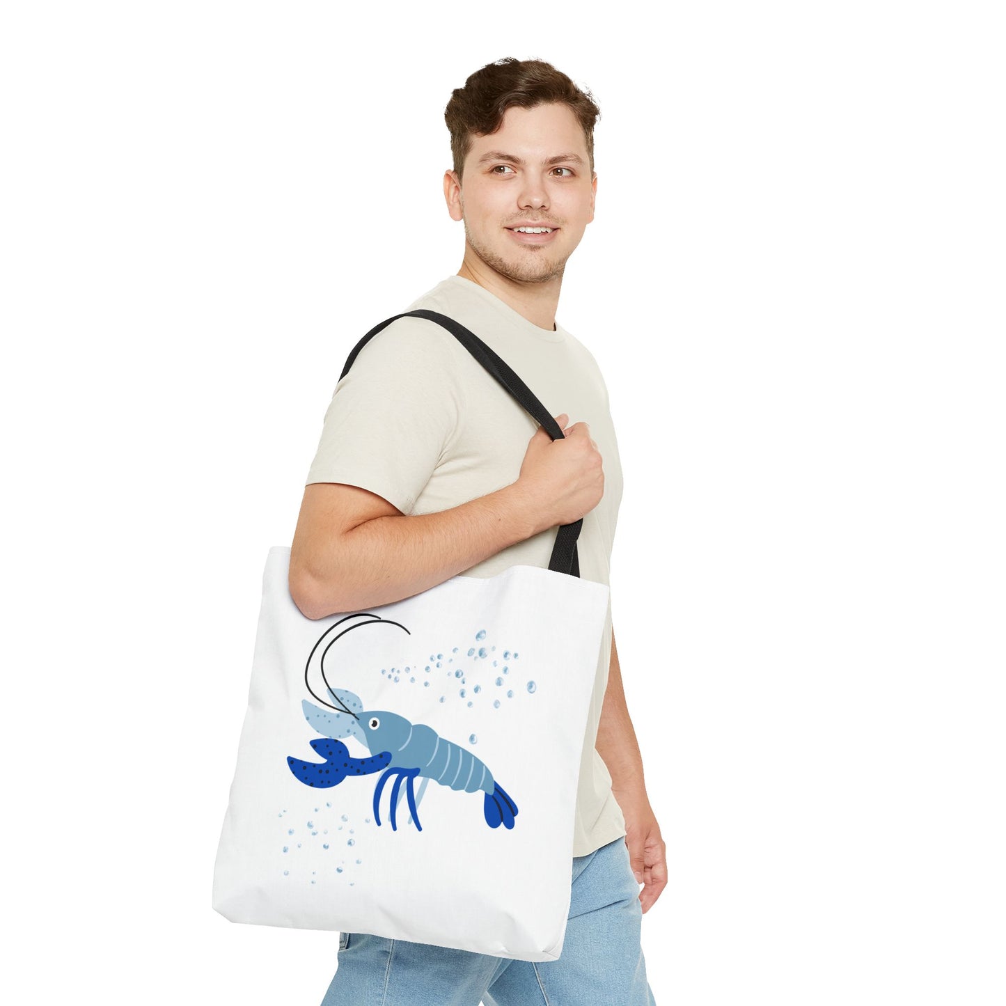 Blue shrimp with dark blue claws and bubbles Tote Bag