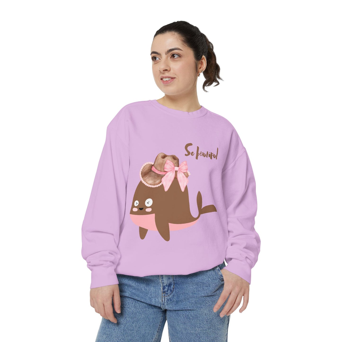 Whale wearing a cowboy hat with a pink bow Unisex Garment-Dyed Sweatshirt