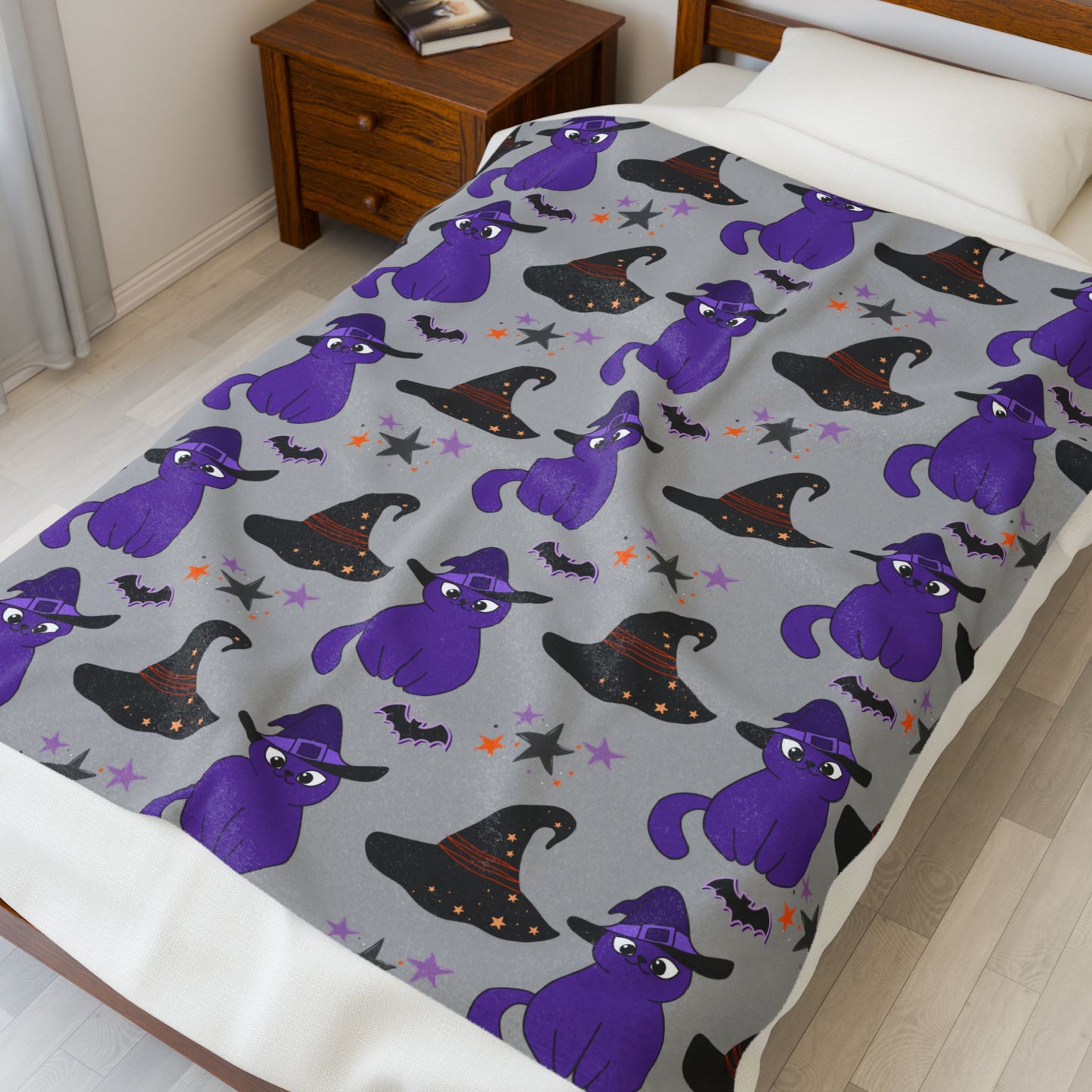 Cozy Halloween Velveteen Plush Blanket - Purple Cat Design, Soft Throw, Fall Decor, Gift for Cat Lovers, Spooky Season