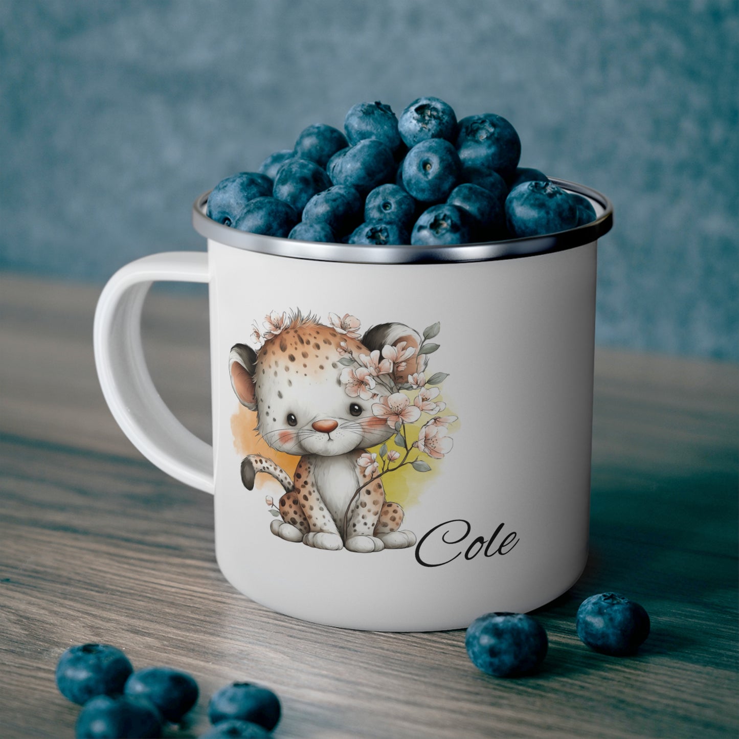 Personalized Enamel Mug — Cute Baby Leopard Camping Cup with Name "Cole"