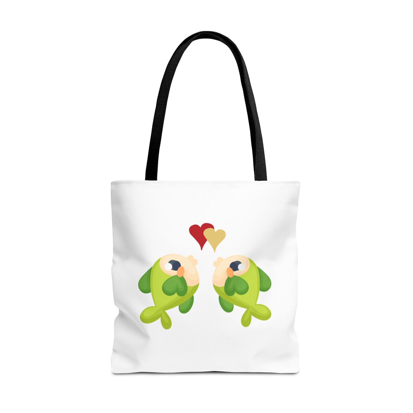 Two hearts float between the fish one red and one yellow. Tote Bag