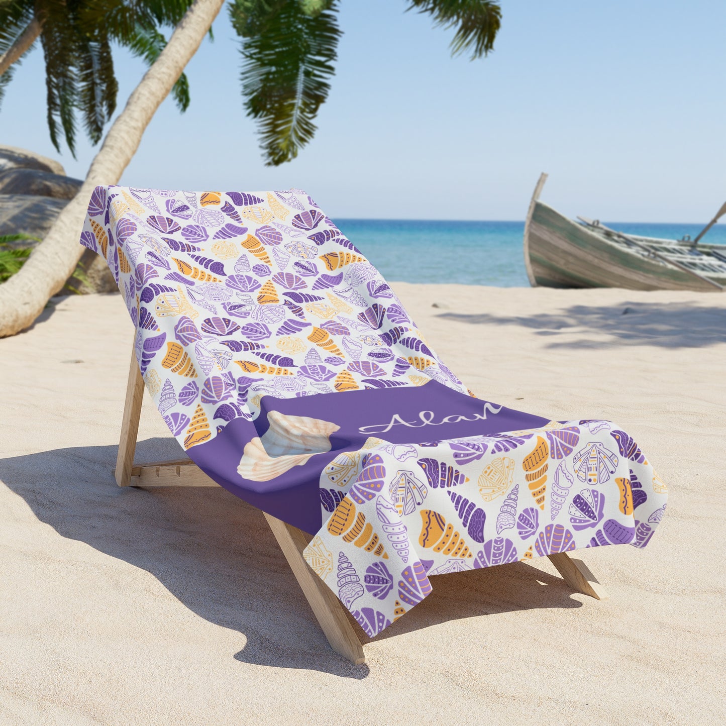 Personalized Purple Seashell Beach Towel — Custom Name Tropical Shell Pattern