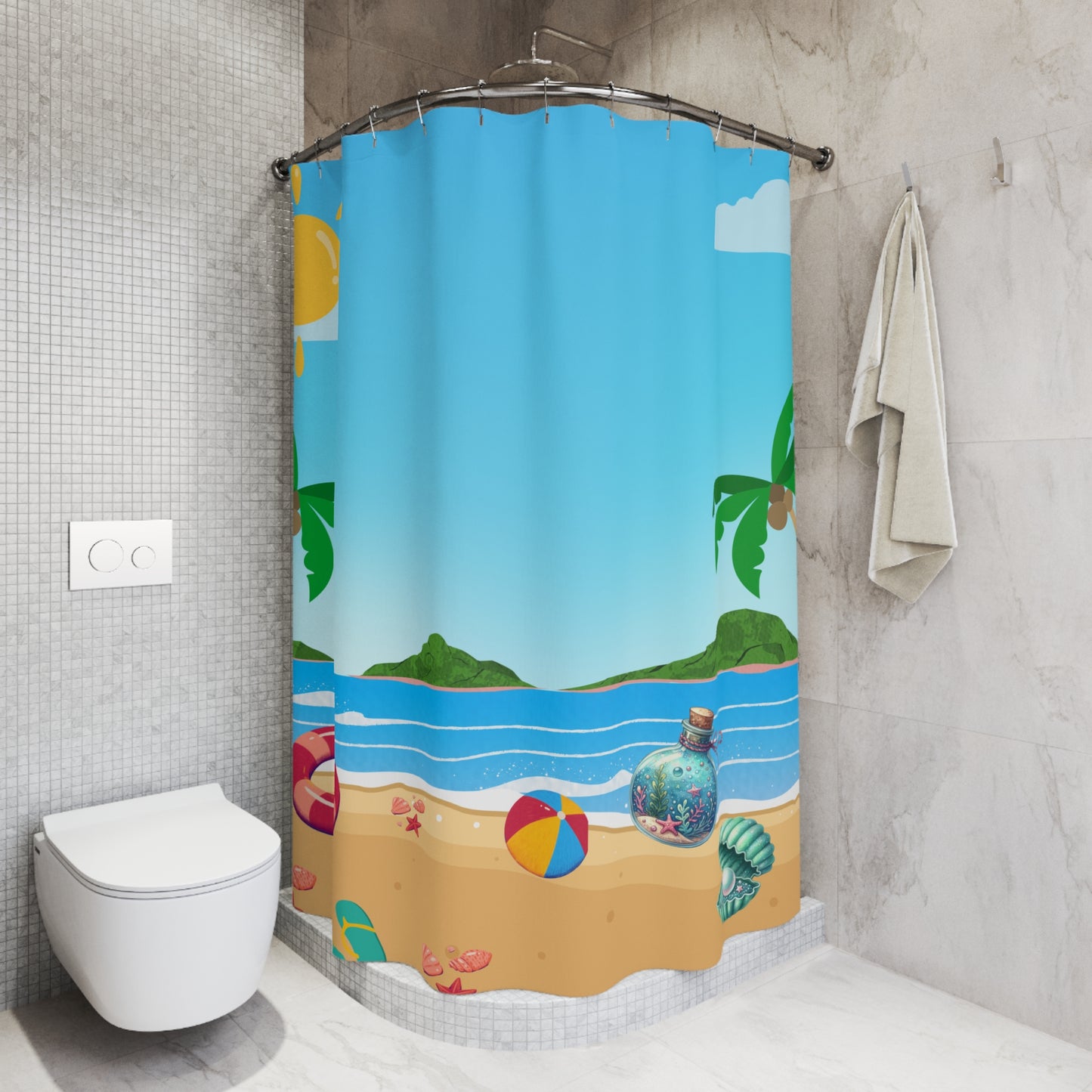 Beach Scene Shower Curtain - Tropical Palm, Seashell & Beach Ball Bathroom Decor