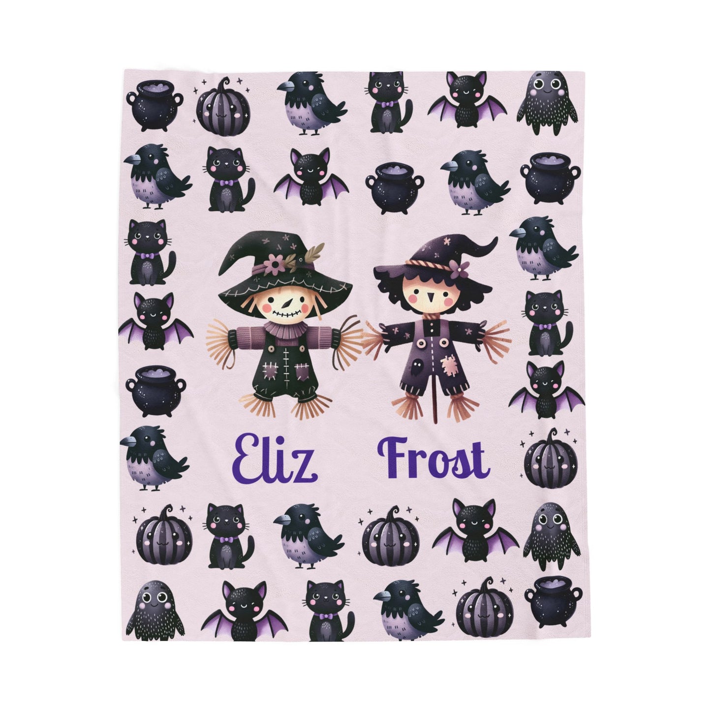 Personalized Halloween Velveteen Plush Blanket | Cozy Fall Decor, Unique Gift, Witch, Cat, Spooky Design, Kids' Bedroom, Halloween
