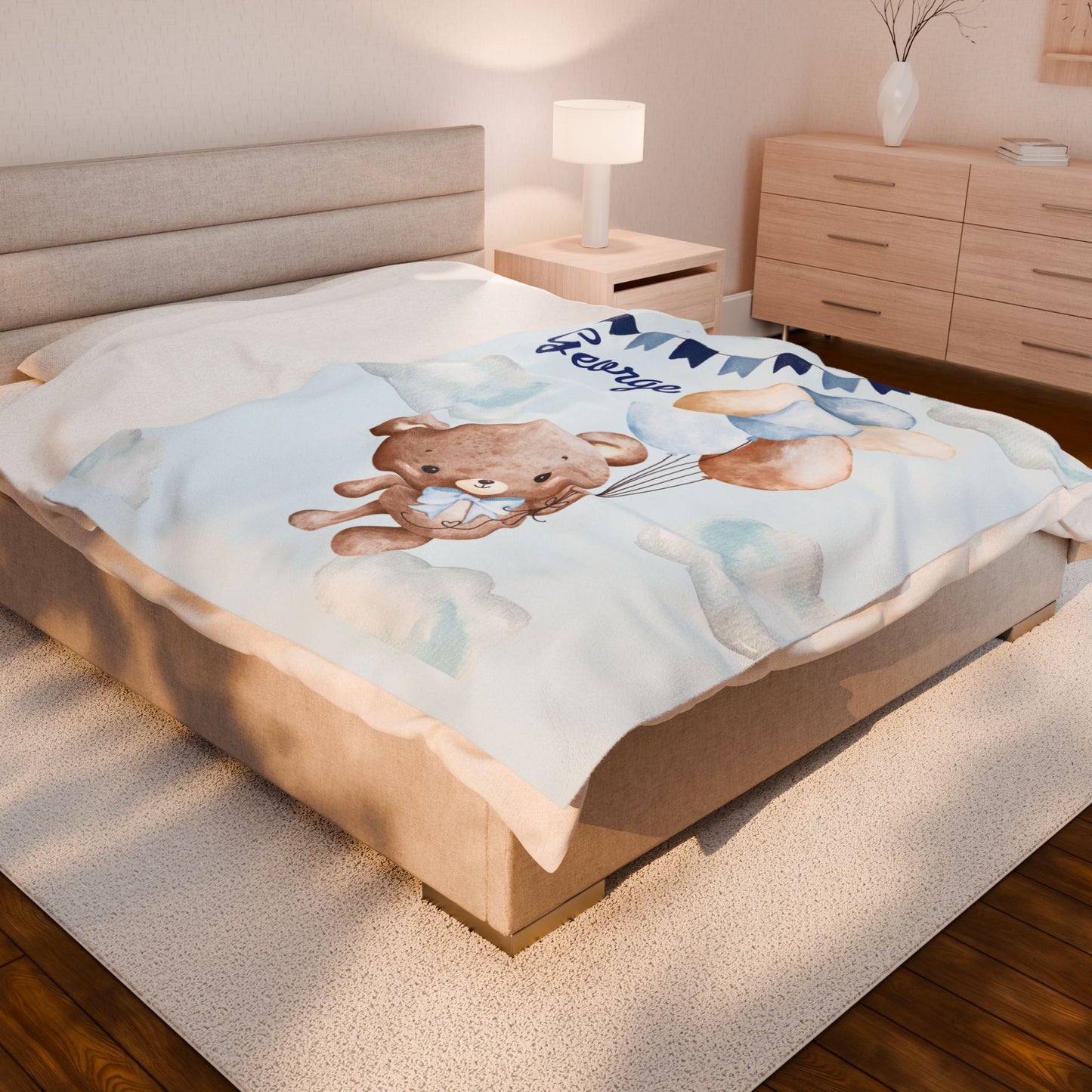 Personalized Velveteen Plush Blanket with Teddy Bear Design, Cozy Baby Gift, Nursery Decor, Baby Shower Blanket, Soft Baby Blanket