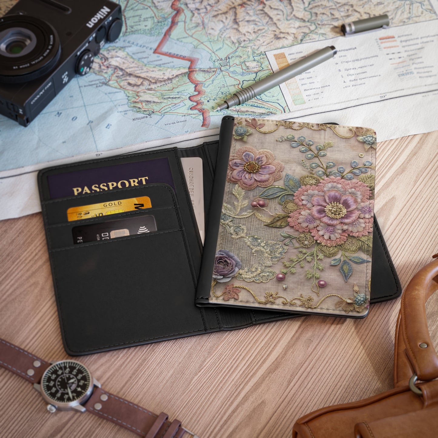 Floral Embroidered Passport Cover — Vintage Pink Peony Travel Wallet
