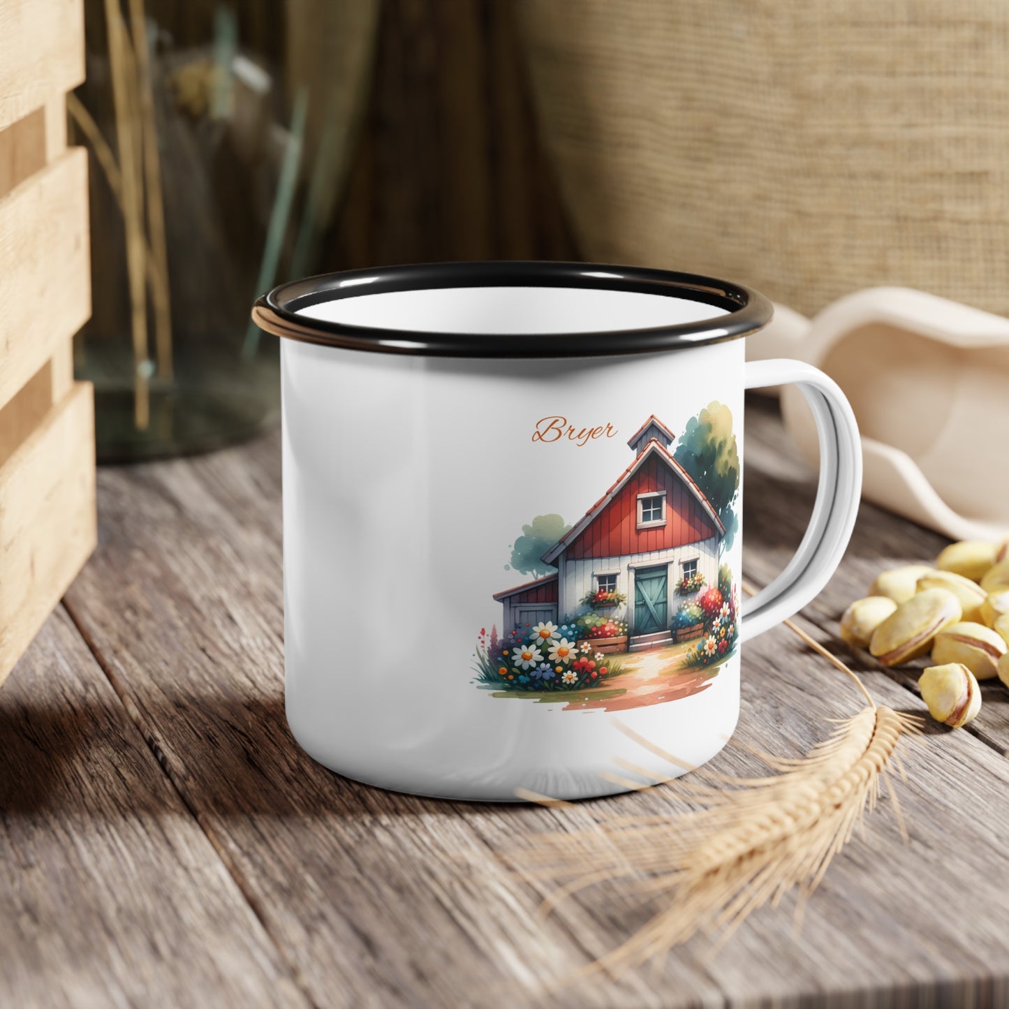 Rustic Cottage Enamel Camp Cup – Personalized "Bryar" Floral Cabin Mug