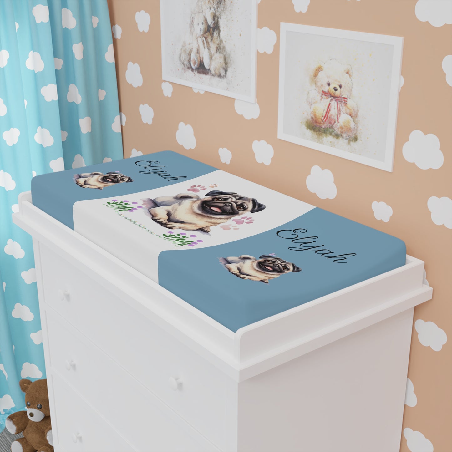 Personalized Pug Baby Changing Pad Cover — Custom Name Nursery Pad