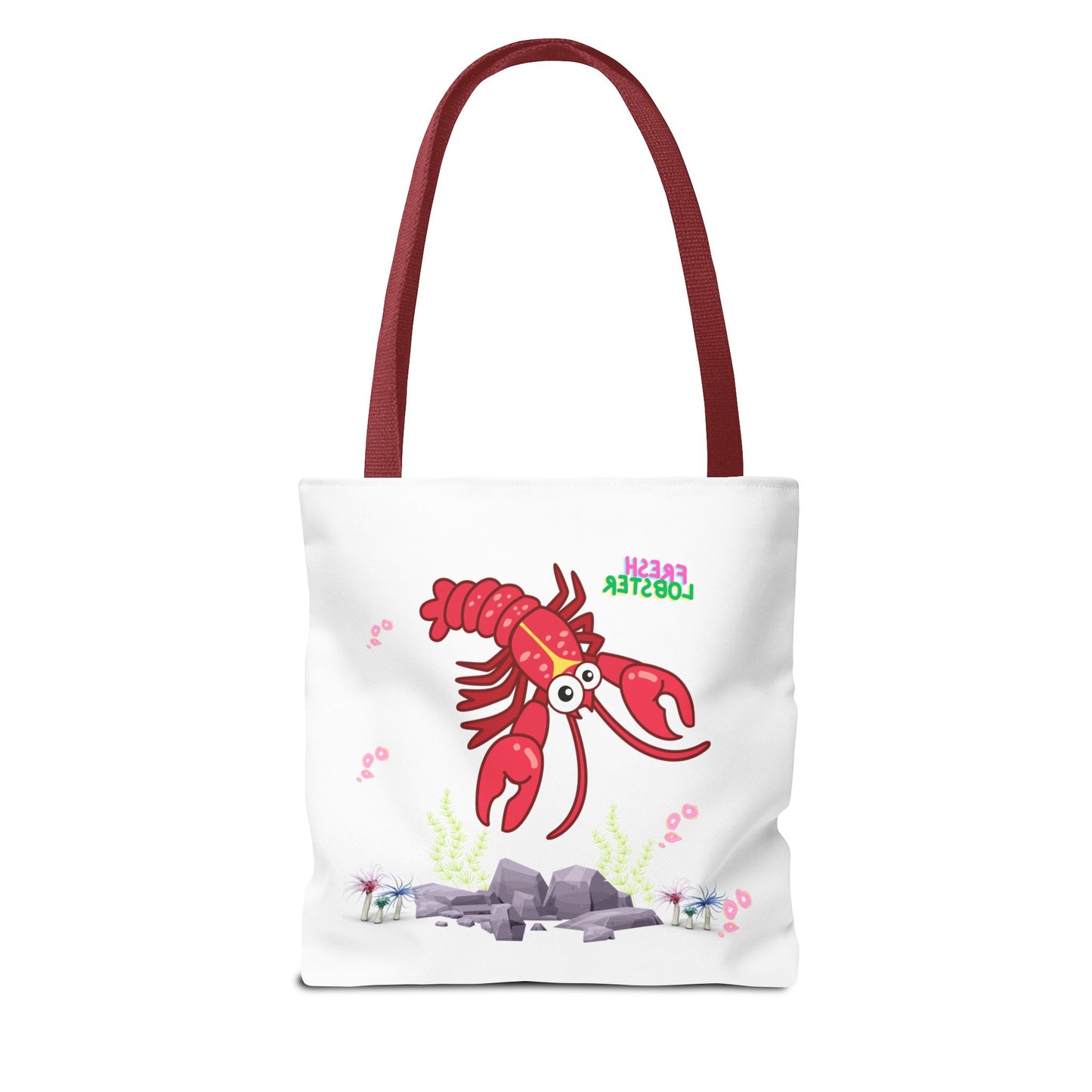 Friendly red lobster big eyes and yellow strip Tote Bag