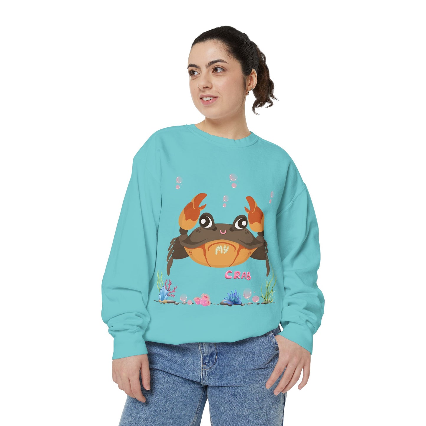 Crab with subtle bubbles and underwater flora Unisex Garment-Dyed Sweatshirt