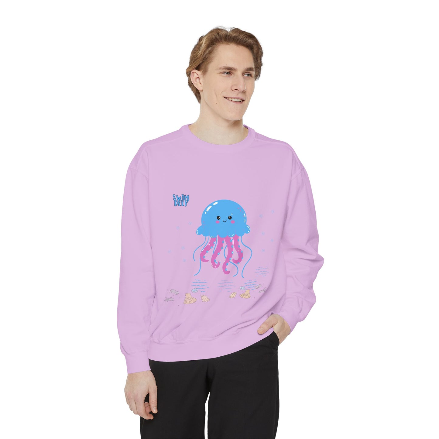 Blue jellyfish with pink tentacles Unisex Garment-Dyed Sweatshirt