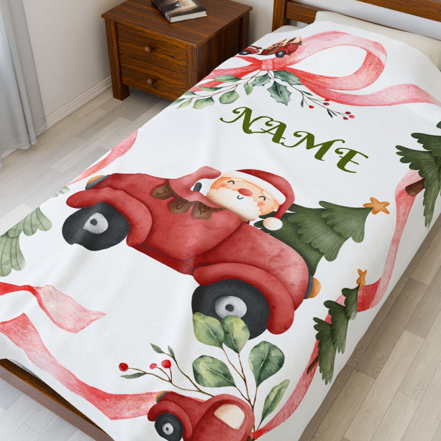Cozy Holiday Velveteen Plush Blanket, Personalized Christmas Blanket, Santa Car Throw, Winter Gifts, Festive Home Decor