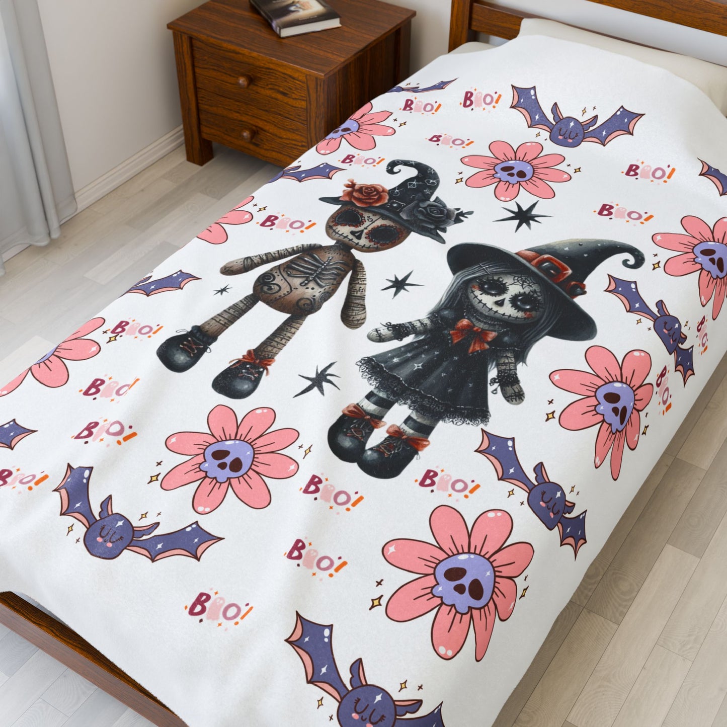 Spooky Floral Velveteen Blanket, Halloween Décor, Cozy Throw, Kids Room Blanket, Soft Throw Blanket, Perfect for Fall