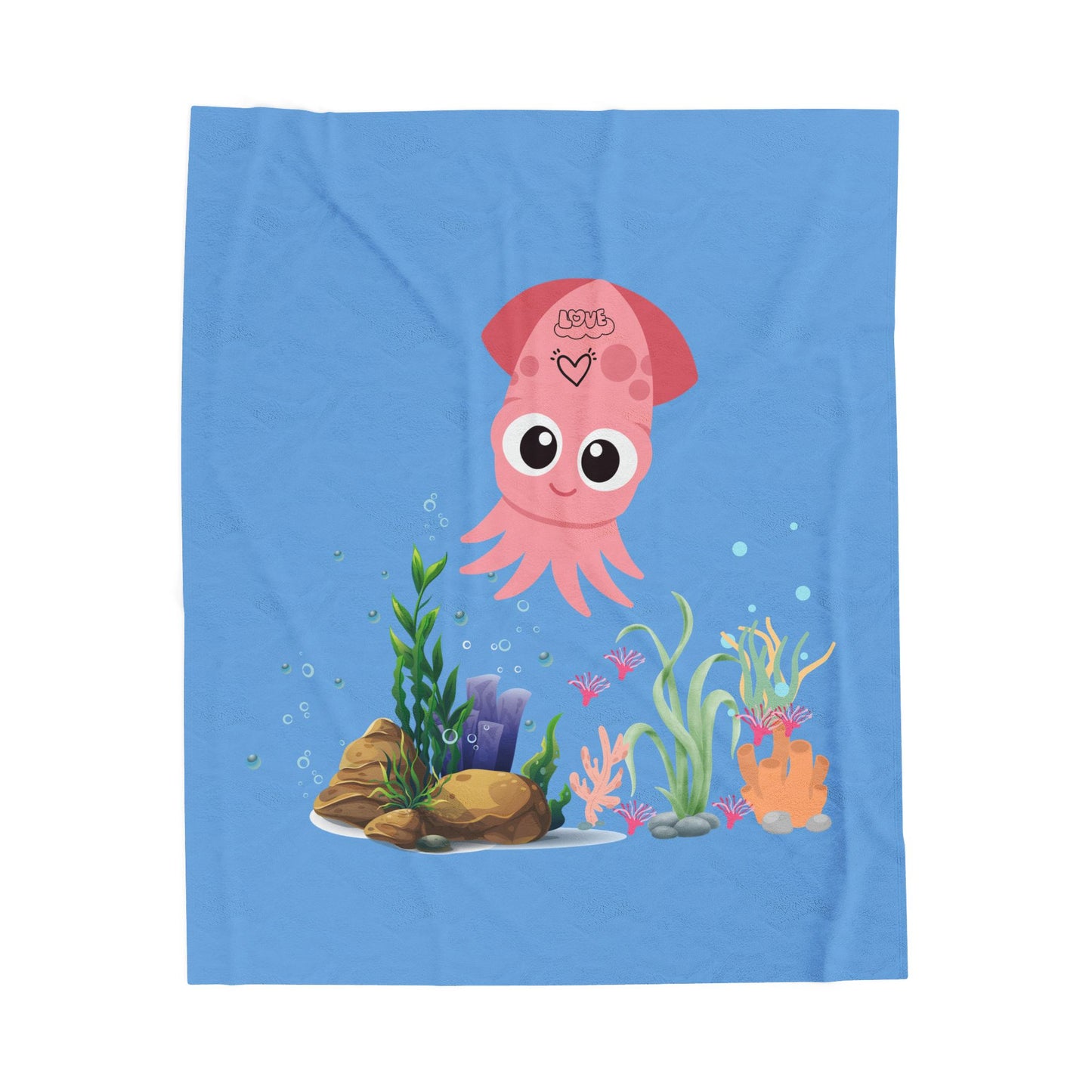 Pink squid cartoon with love Velveteen Plush Blanket