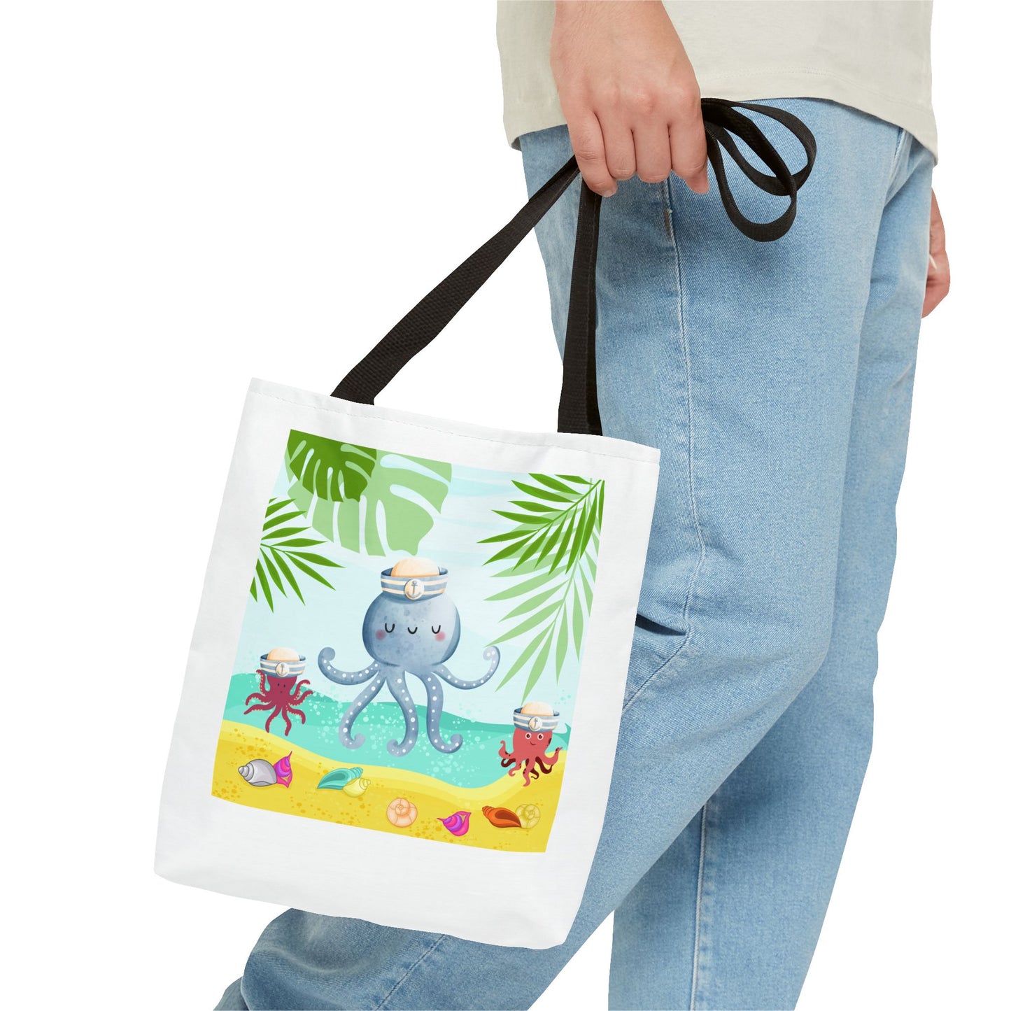 Octopus on a beach scene with tropical Tote Bag