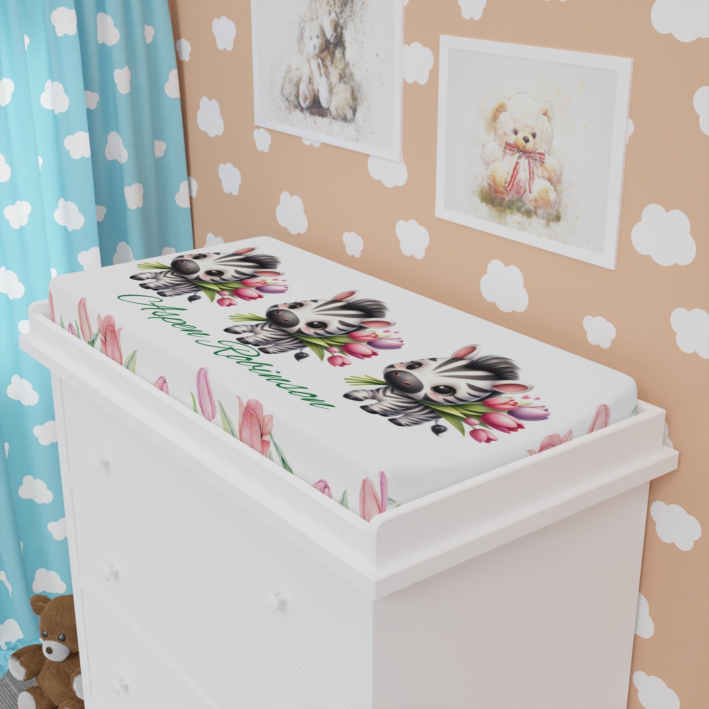 Zebra Blossom Baby Changing Pad Cover — Personalized Floral Nursery Accessory