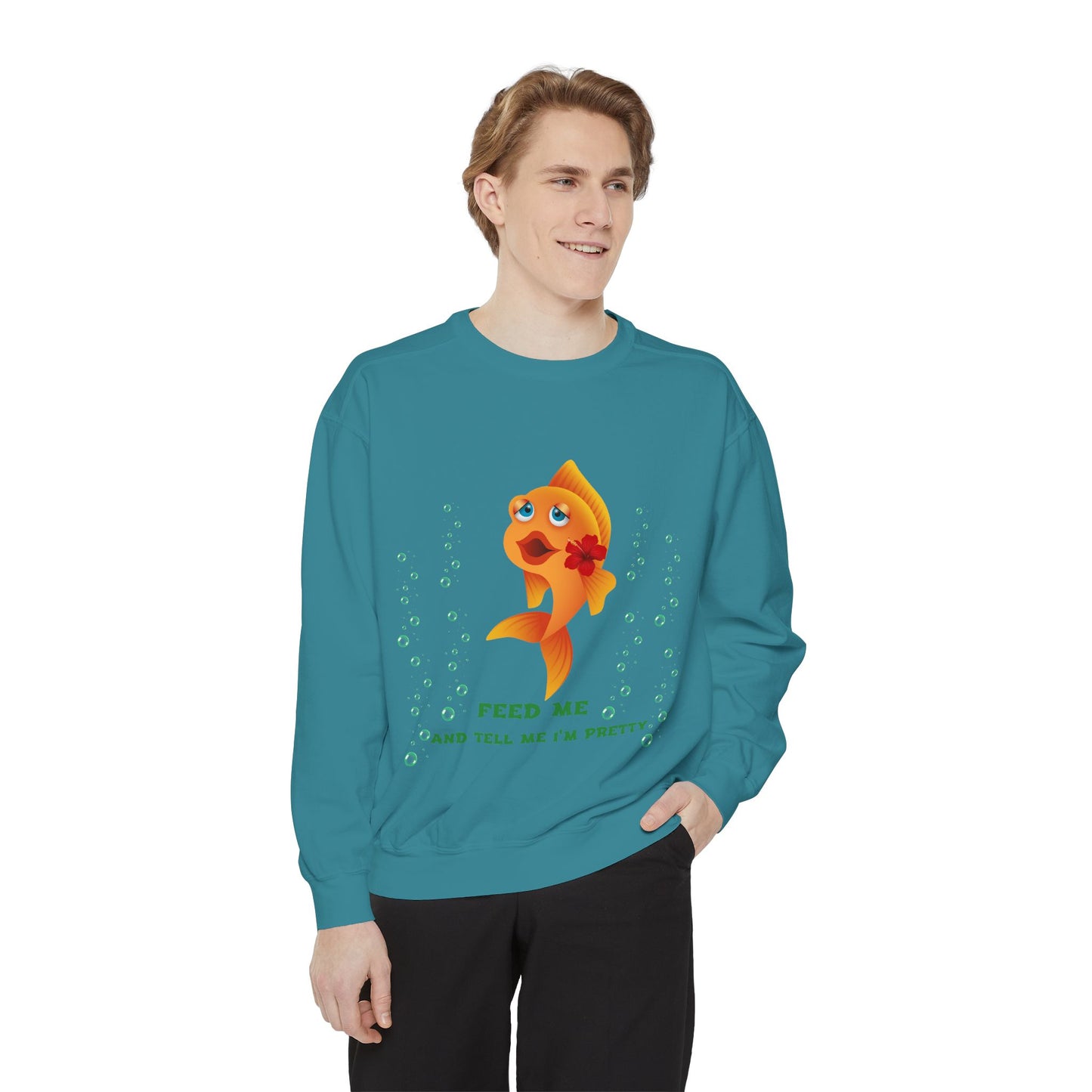 Cartoon goldfish with red lips and flower Unisex Garment-Dyed Sweatshirt