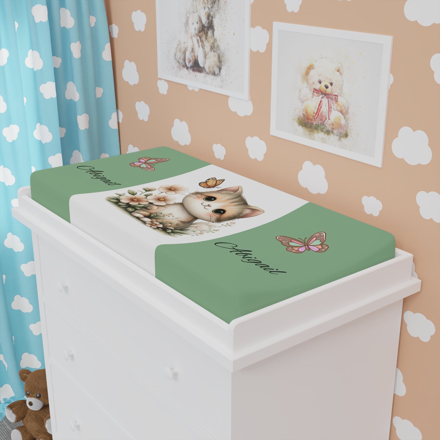 Cute Kitten Baby Changing Pad Cover — Personalized Floral Nursery
