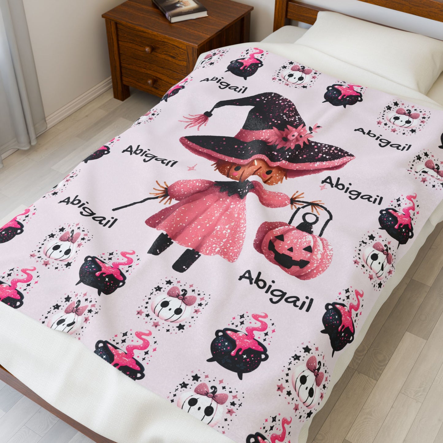 Personalized Halloween Velveteen Plush Blanket, Soft Cozy Throw, Perfect for Kids, Witch Design, Fall Decor, Gift Idea
