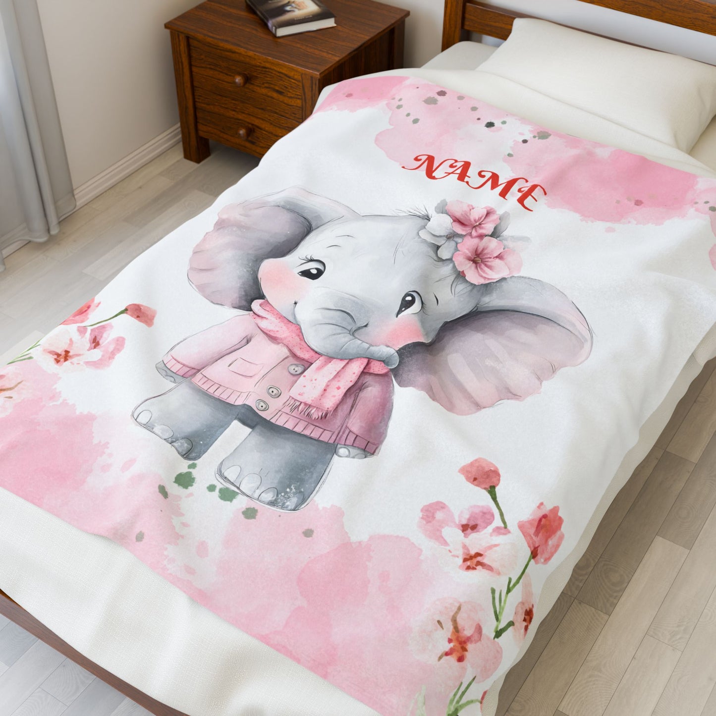 Personalized Baby Elephant Velveteen Plush Blanket, Soft Cuddle Throw, Nursery Decor, Baby Shower Gift, Cozy Blanket for Kids