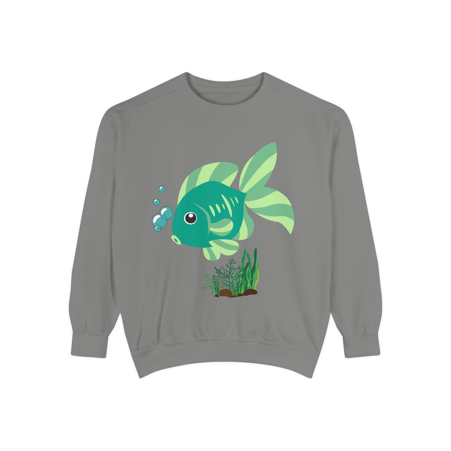 Green fish with bubbles and aquatic plants Unisex Garment-Dyed Sweatshirt