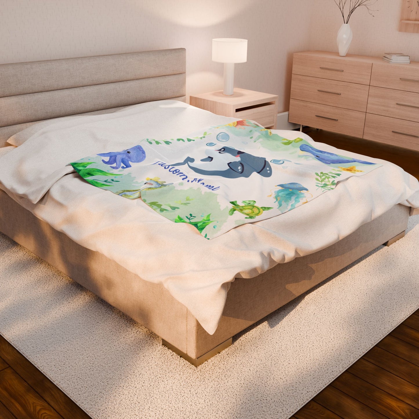 Customizable Velveteen Plush Blanket with Cute Marine Design, Ideal for Kids' Rooms, Gifts for Birthdays, Showers, and Holidays, Cozy Decor