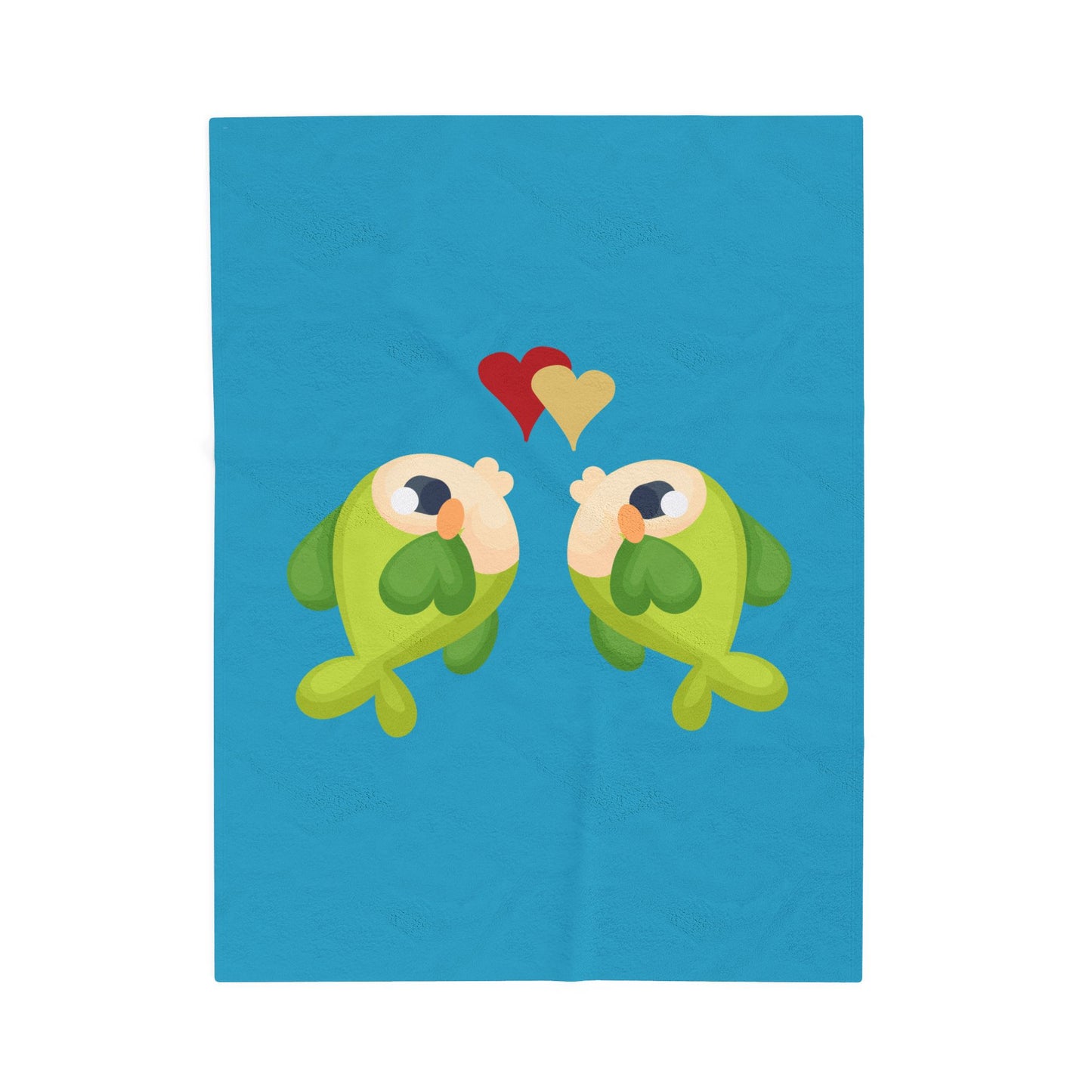 Two hearts float between the fish one red and one yellow Velveteen Plush Blanket