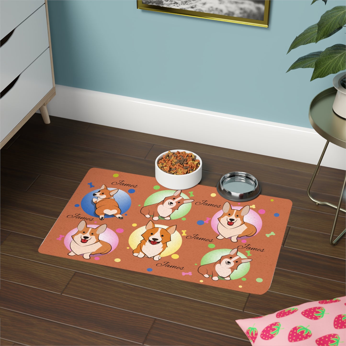 Corgi Pattern Personalized Pet Food Mat (12x18) — Cute Custom Name Dog Feeding Placemat