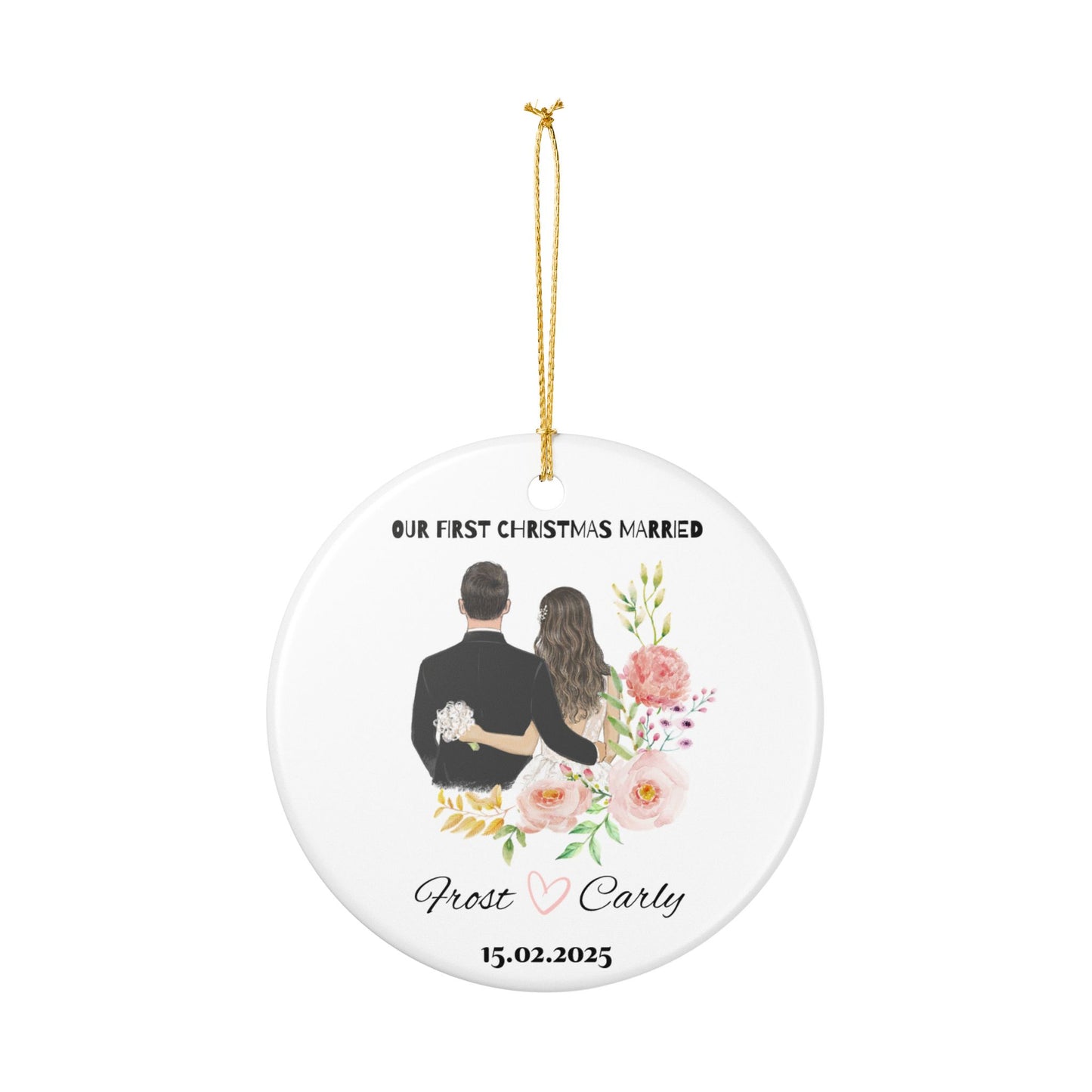 Personalized Wedding Ornament, First Christmas Married Decoration, Newlywed Gift, Couple Keepsake, Floral Holiday Decor