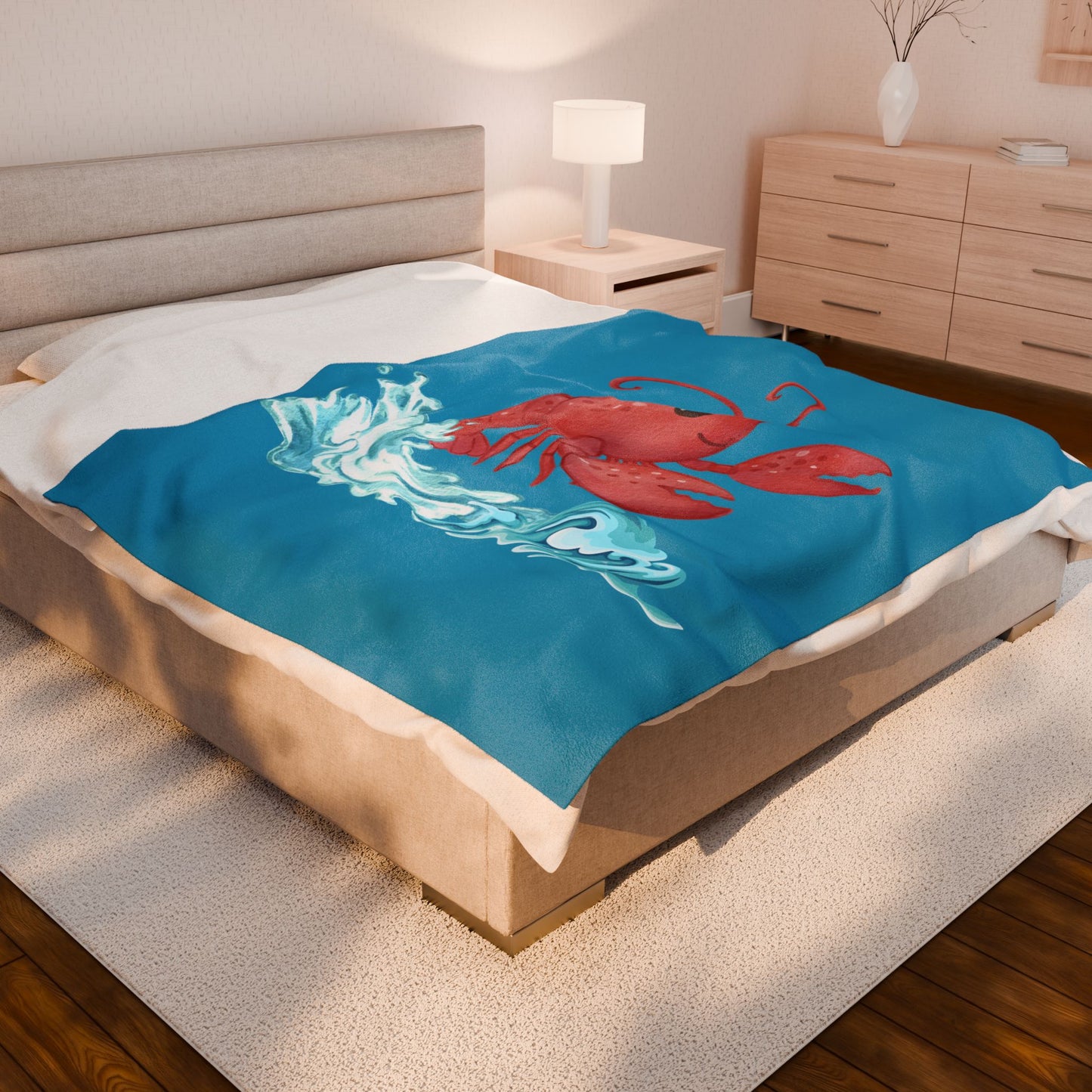 Cheerful red lobster emerging from stylized blue waves Velveteen Plush Blanket