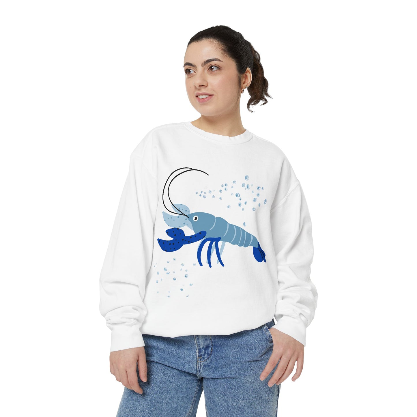 Blue shrimp with dark blue claws and bubbles Unisex Garment-Dyed Sweatshirt