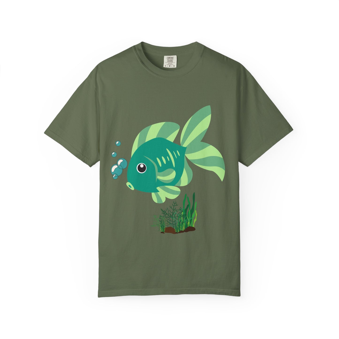 Green fish with bubbles and aquatic plants Unisex Garment-Dyed T-shirt