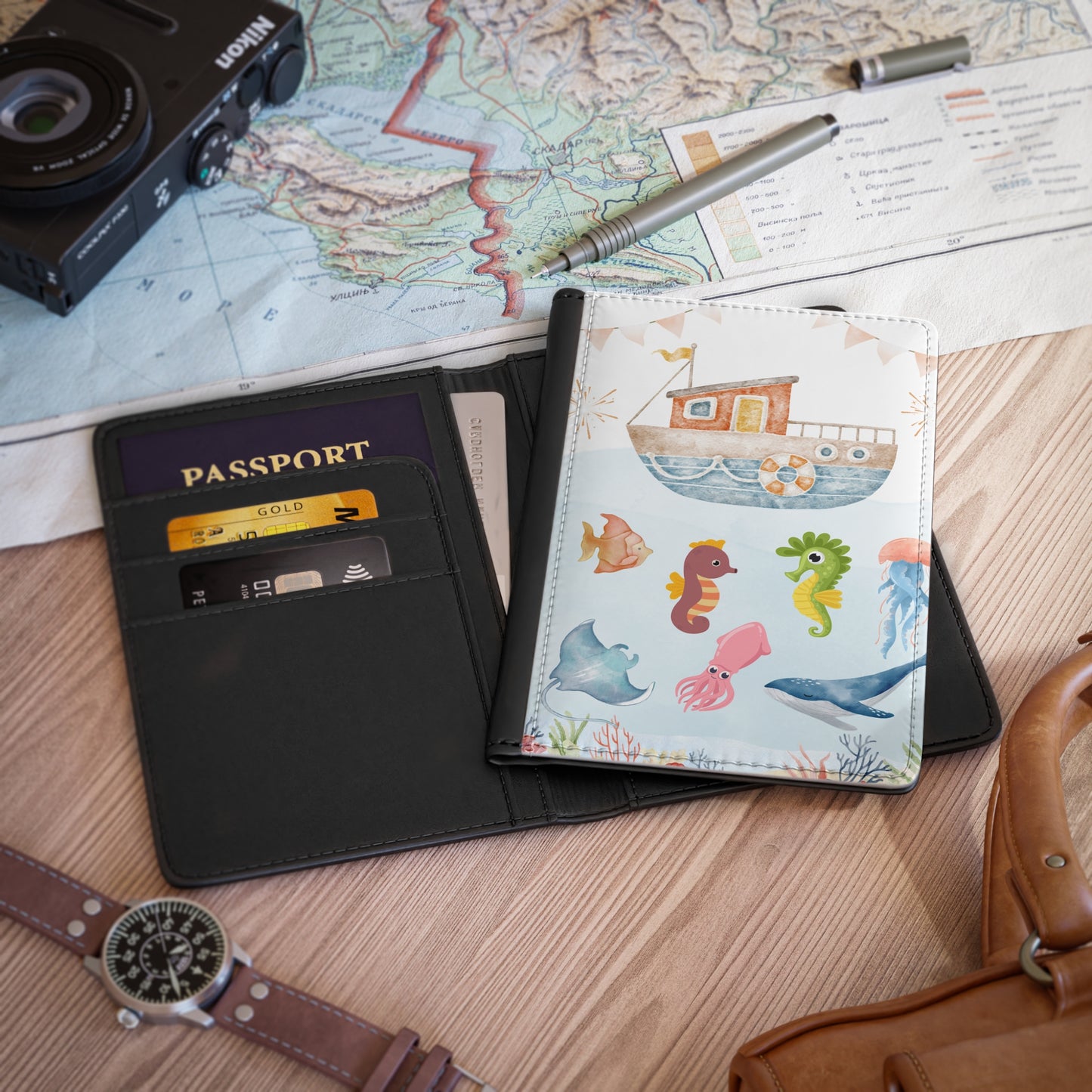 Under the Sea Passport Cover — Cute Nautical Boat & Sea Creatures Travel Wallet