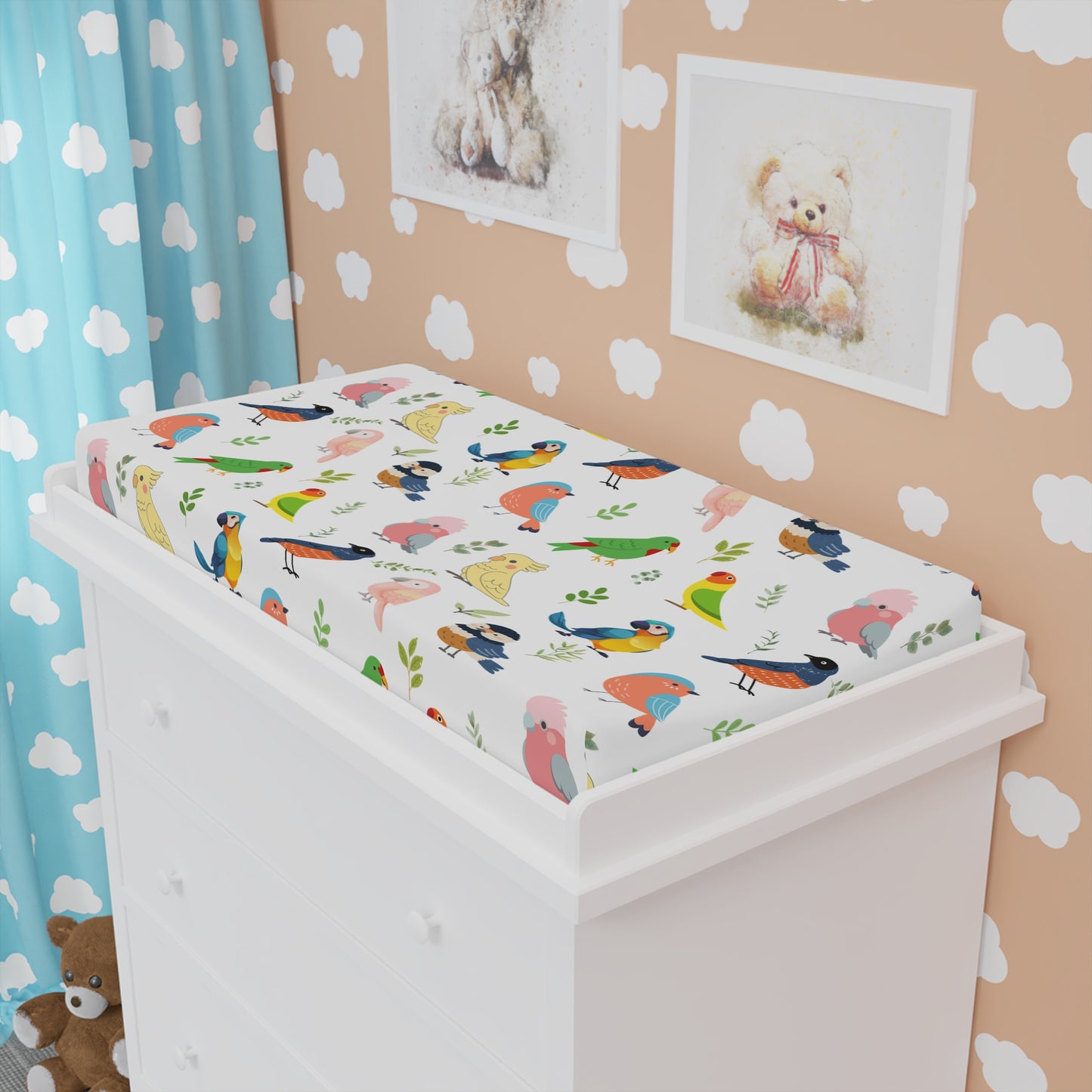 Birds & Leaves Baby Changing Pad Cover — Colorful Parakeet Nursery Bedding