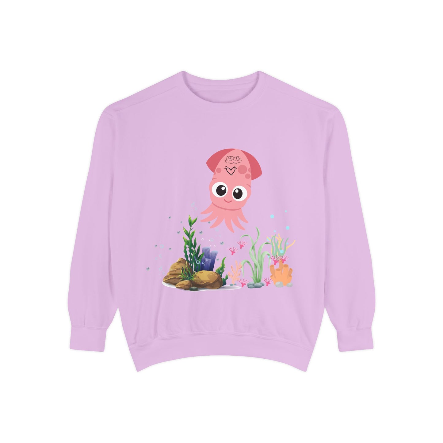 Pink squid cartoon with love Unisex Garment-Dyed Sweatshirt