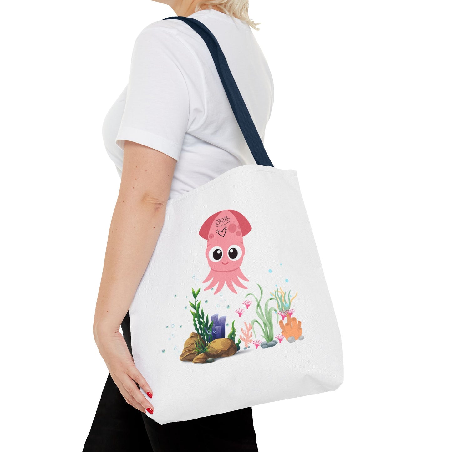 Pink squid cartoon with love Tote Bag