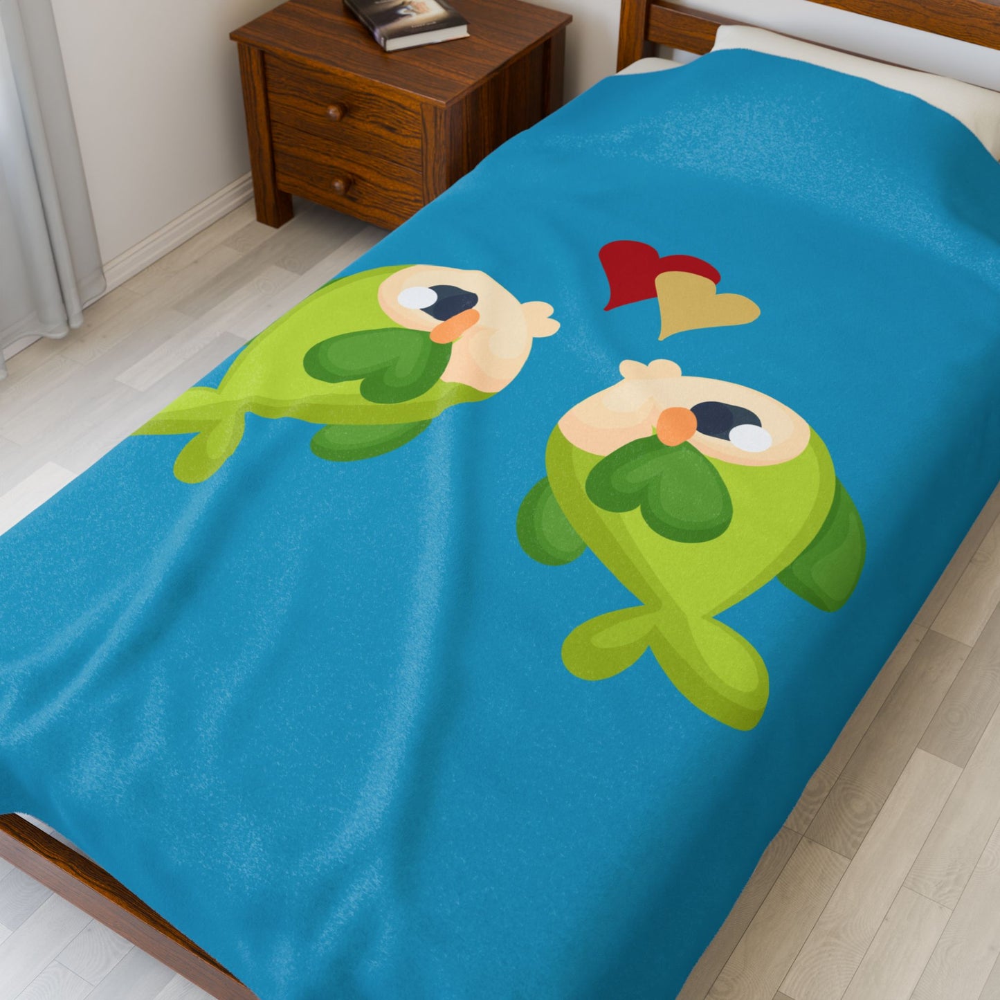 Two hearts float between the fish one red and one yellow Velveteen Plush Blanket