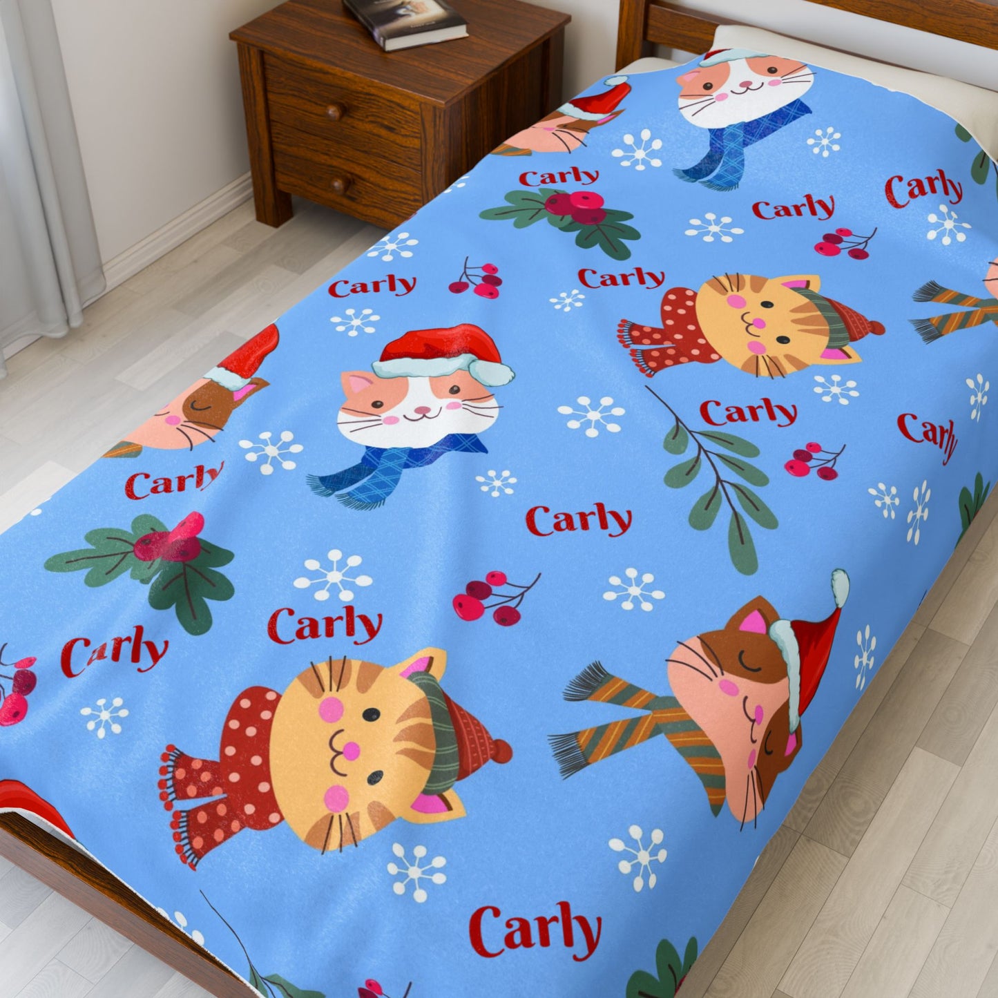 Festive Cat Plush Blanket - Cozy Holiday Throws, Winter Decor, Personalized Gift, Kids Bedding, Cat Lover Gift