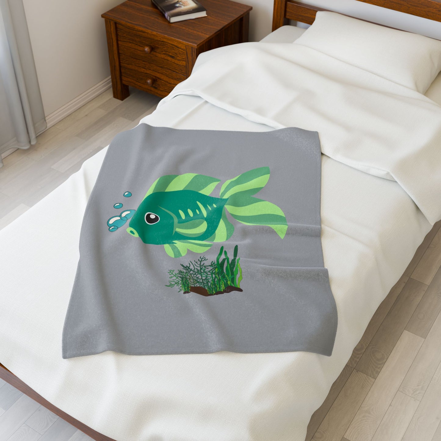 Green fish with bubbles and aquatic plants Velveteen Plush Blanket